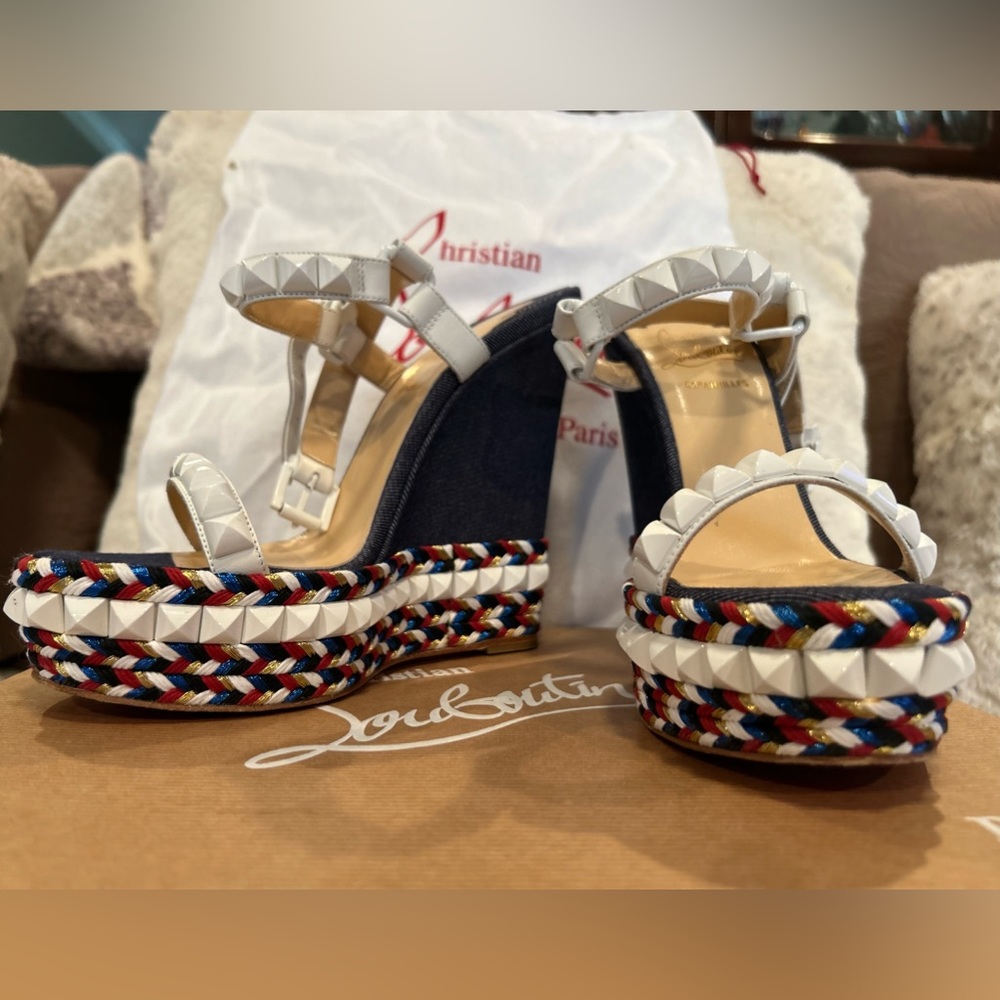 Gorgeous Christian Louboutin RED/WHITE/BLUE wedge heals! Perfect for July 4th!!!